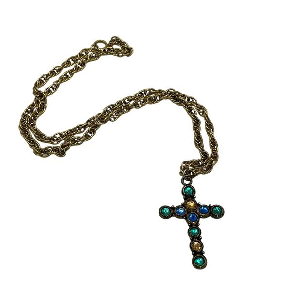 Multicolor Blue Yellow Green Multi stone Gold Tone Cross Long Pendant Necklace - Picture 1 of 8